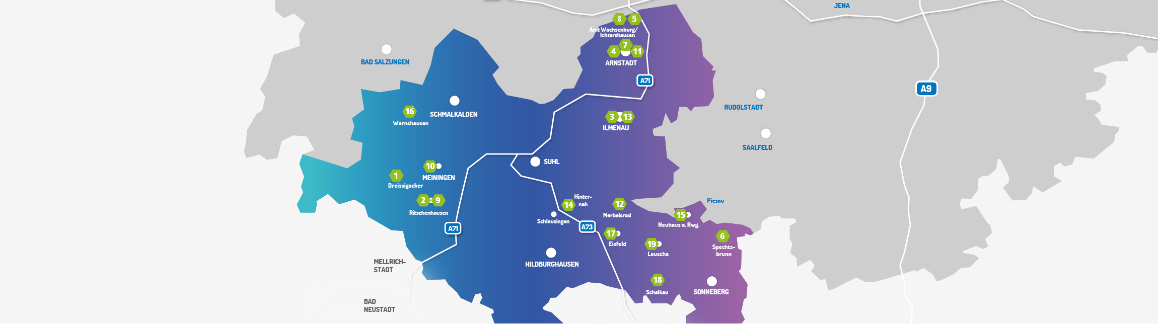Karte von Südthüringen mit farblich markiertem Versorgungsgebiet, Städten wie Meiningen, Suhl, Ilmenau, Hildburghausen und Sonneberg sowie nummerierten Standorten und den Autobahnen A71 und A73.